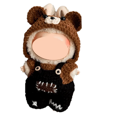 Handmade knitted baby outfit with brown bear hood and black overalls by The Knit Krazy