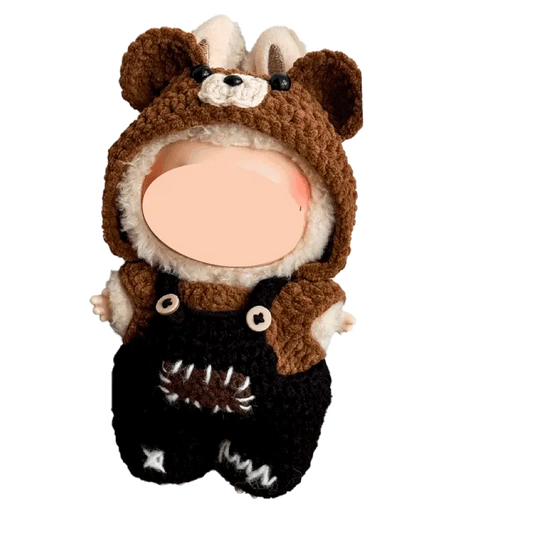Handmade knitted baby outfit with brown bear hood and black overalls by The Knit Krazy