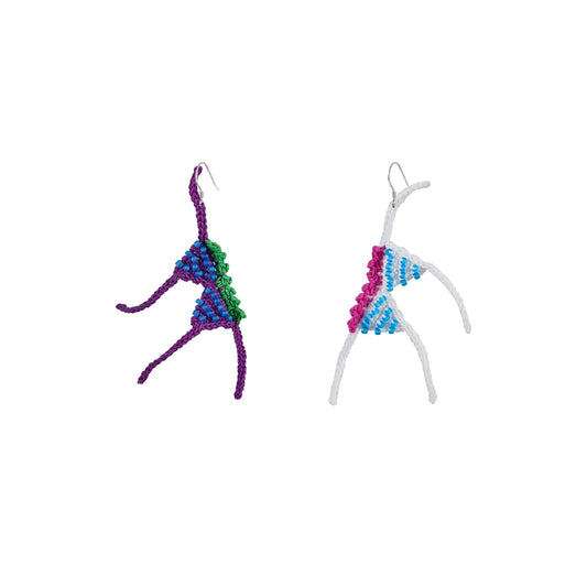 Colorful handmade crochet earrings shaped in abstract dancing figures with purple, green, blue, white, and pink yarn