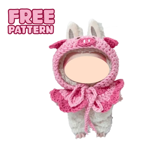Pink and white bunny doll cape crochet pattern free with hood and ruffled collar by The Knit Krazy