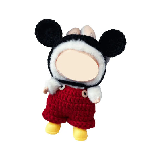 Redbook Mickey inspired doll outfit featuring black mouse ears hat and red shorts with yellow shoes