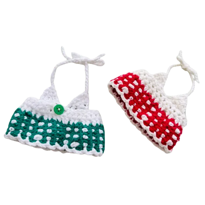 Handmade crochet sweetheart doll outfit pattern featuring two halter tops in red and green with white accents