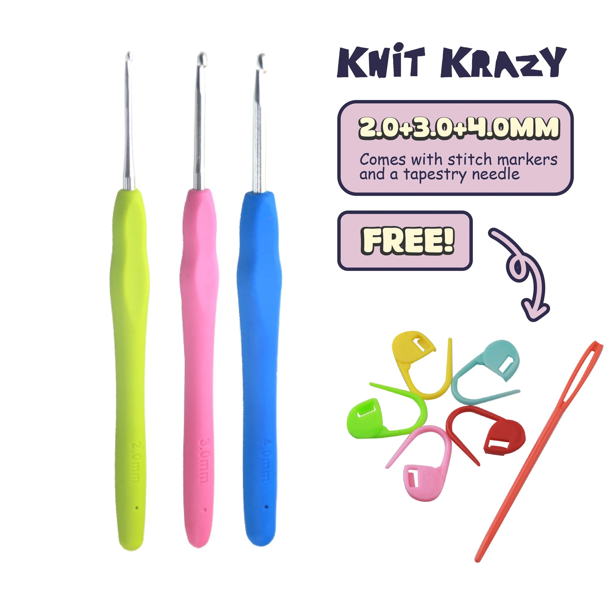 Ergonomic crochet hook set with 2.0 3.0 4.0 mm hooks and colorful stitch markers and tapestry needle