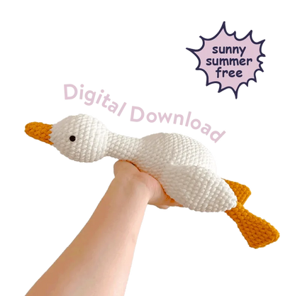 Hand holding a white and orange crochet duck with text digital download for lazy duck amigurumi tutorial