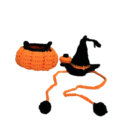 Handmade pumpkin costume pattern for dolls featuring a crocheted orange pumpkin dress and black witch hat