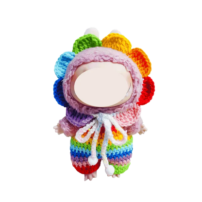Rainbow crochet doll outfit pattern featuring a colorful flower petal hood and matching striped pants