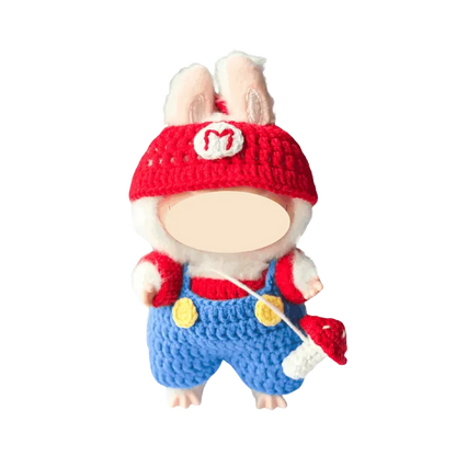 Super Mario crochet pattern featuring a crocheted bunny dressed in red hat and blue overalls costume