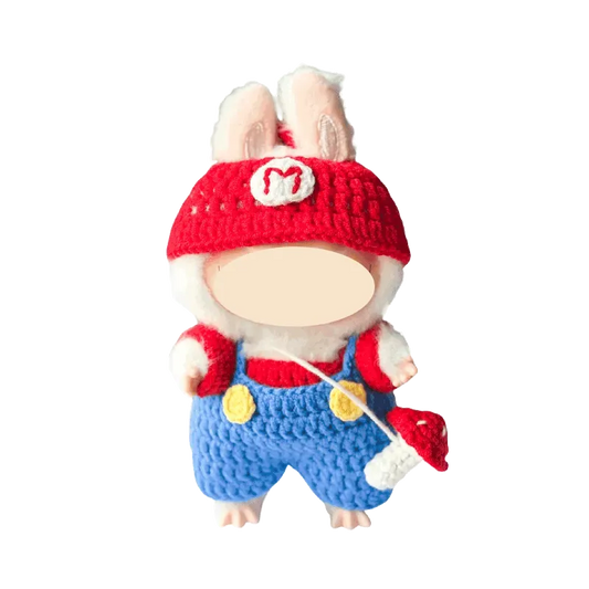 Super Mario crochet pattern featuring a crocheted bunny dressed in red hat and blue overalls costume