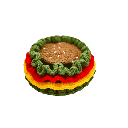 Handcrafted crochet hamburger coaster set with colorful yarn layers by The Knit Krazy