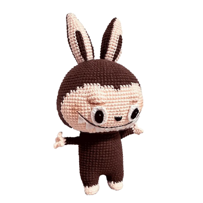 Zimomo inspired crochet pattern plush toy featuring brown and cream bunny character with large ears